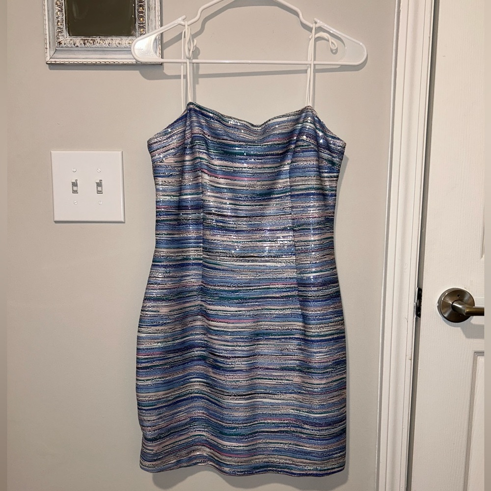 superdown Iridescent Striped Mini Dress in Blue, Purple, Silver